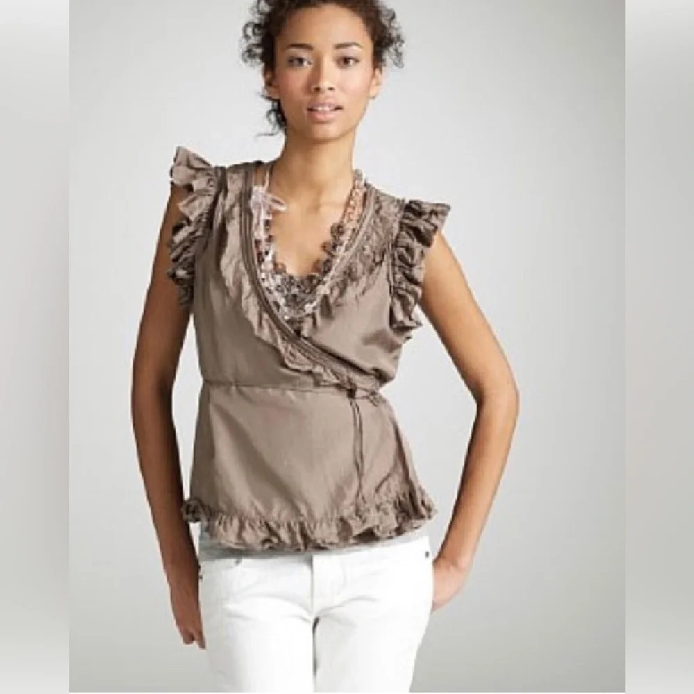 J.Crew Ruffled Lace Trim Wrap Sleeveless Blouse 100% Silk Size: 4